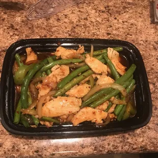 Garlic green beans with chicken, from the Thai menu. Ordered "hot" and it had a nice kick but didn't burn my mouth. Very very good.