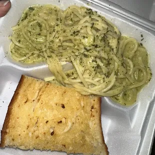 Pesto pasta and garlic bread from the Mangia, Mangia