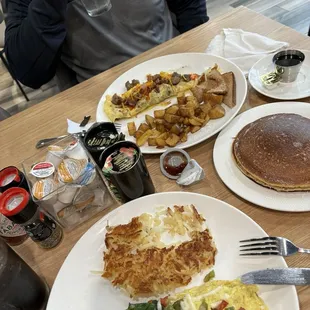 Meat omelette and veggie omelette with pancakes.