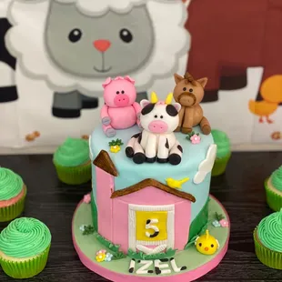 Pink farm animal cake all edible and handmade