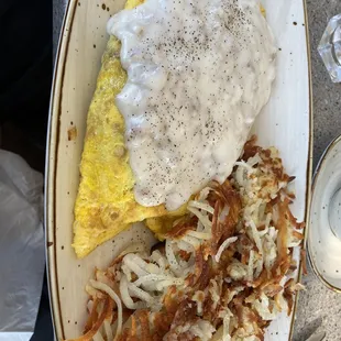 Country Omelette with Sausage Gravy and Hash Browns