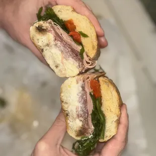 Prosciutto, mortadella, mozzarella, roasted pepper, arugula, balsamic vinegar on a hero