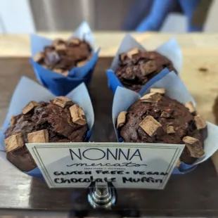 chocolate muffins on display