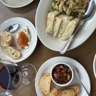 Bruschetta, mascarpone appetizer and calamari appetizer