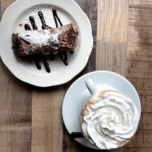 a slice of cake and a cup of coffee