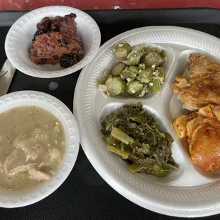 Lasagna, baked chicken, okra, collard greens, chicken and noodle/dumpling, blackberry cobbler.
