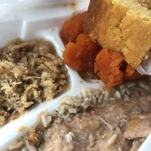 Cornbread dressing, candied yams &amp; baked turkey wings &amp; rice w/gravy &amp; cornbread
