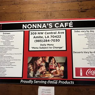 Menu, subject to change