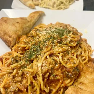 Al pastor pasta with shrimp &amp; shrimp Alfredo