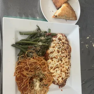 This was my delicious chicken Parmesan and spaghetti. I'm not a big green bean fan, but these were very tasty