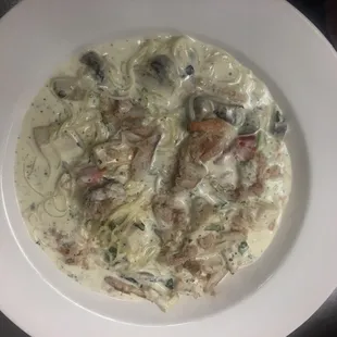 Chicken and crab meat in a lemon cream sauce. Delicious.