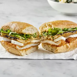 The What The? Crispy Fried Eggplant &amp; Chicken, Fresh Mozzarella, Serrano Chiles, Arugula, Sweet &amp; Spicy Mayo