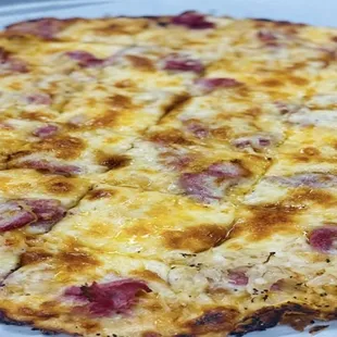 a close up of a pizza
