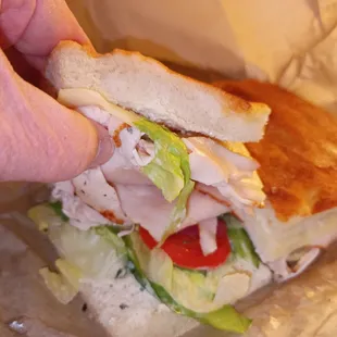 a hand holding a sandwich