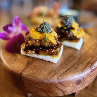 Guilty Toast: Pan-seared foie gras, unagi, peach, shokupan, uni, caviar | $18 each (2 order min.)