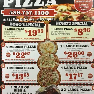 a menu for a large pizza