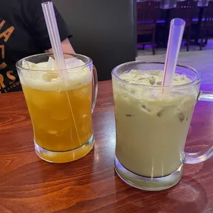 Mango fruit tea and matcha milk tea- I wouldn&apos;t order mango but hubby liked it