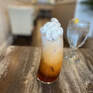 a drink on a wooden table