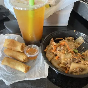 Pineapple green tea with boba, spring rolls, pad see yew with beef