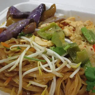 Eggplant, red curry chicken, pad Thai noodles with fresh bean sprouts.