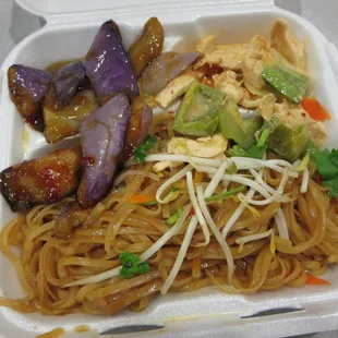 Eggplant, red curry chicken, pad Thai noodles with fresh bean sprouts.