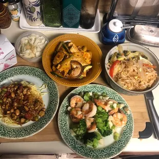 Zha jiang mein, homestyle tofu, peony shrimp, Pad Thai.