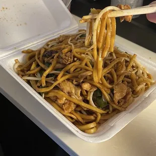 Chicken and stir fry noodles.