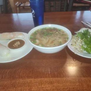 Shrimp Phó, Shrimp Spring Rolls w/ Peanut Sauce.