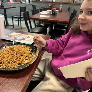 Shrimp Lo Mein, plain. Just the way she loves it.