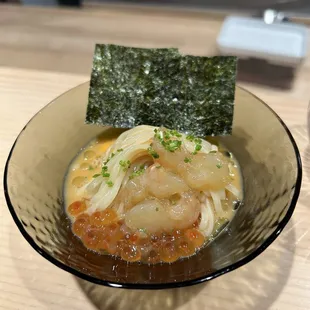 Cold ramen spot prawn and uni sauce