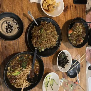 Hot &amp; Spicy Noodle Soup- Vegetables Fried Rice-Tomato and Beef Brisket Soup-Black Mushroom Salad-Pork Wonton with Chili Oil