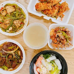 Salt &amp; Spicy Chicken Wings &amp; Squid; Seafood Noodle Soup; Mongolian Beef Stir-Fried Noodle; Kung Pao Chicken Stir-Fried Noodle