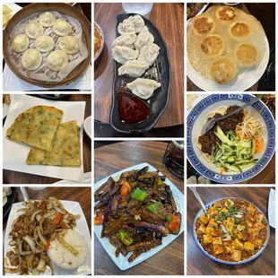 Xiao Long Bao, Boiled Dumplings, Pan Fried Bao, Green Onion Pancake, Ground Pork Dry Noodle, Mongolian Beef, Eggplant, Mabo Tofu