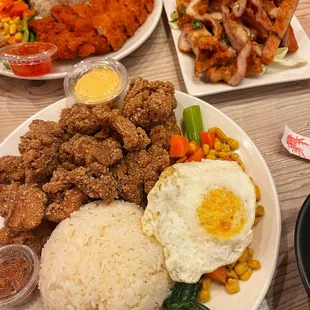 chicken katsu rice, popcorn chicken rice, salt pepper pork chops