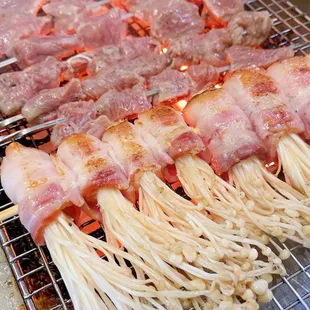 Bacon needle mushroom skewer