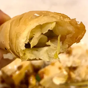 a person holding a piece of food