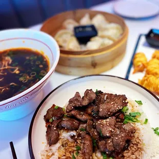 a bowl of beef and rice