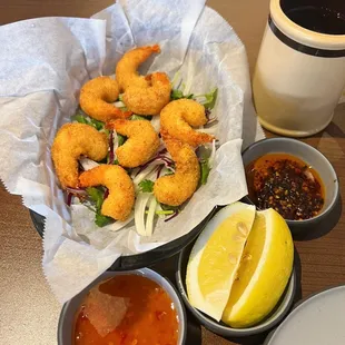 crispy shrimp. 8 pieces $8.50 with sweet dipping sauce and lemon