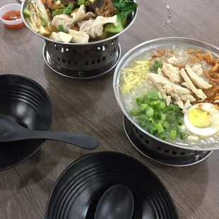 Left - beef wonton mami.  Right - arroz caldo