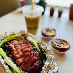 Char Siu Pork Collar with coconut rice &amp; charred scallion, Egg Custard Tart 2PC, Milk Tea