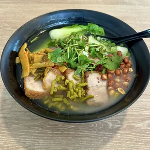 Guilin Soup with wheat noodles bbq pork and pork belly.