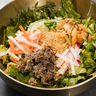 Spicy kimchi crunch salad with Korean bulgogi beef