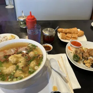 Wonton noodles with bbq pork  Popcorn chicken  Chinese Donuts