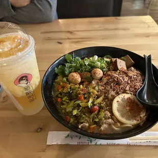 Pineapple refresher. Pickle cabbage and beef noodle soup