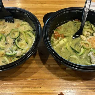 Left side Zoodle in a creamy pasta sauce   Right side zoodle In a pesto sauce