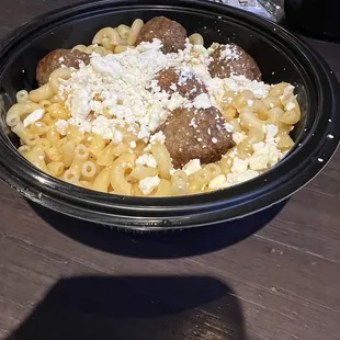 Wisconsin Mac &amp; Cheese with feta and meatballs