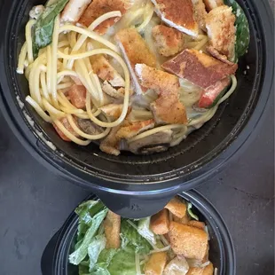 Alfredo MontAmor with Parmesan-Crusted Chicken and side salad