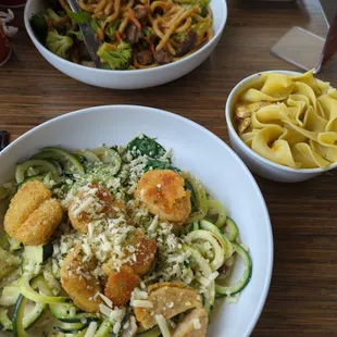Japanese pan udon &amp; garlic zucchini noodle with impossible chicken and a side of chicken noodle soup.