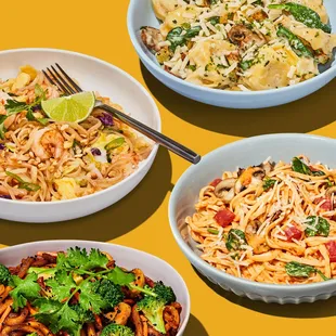 three bowls of food on a yellow background