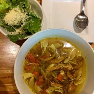 Small Chicken noodle soup and small Caesar side salad.